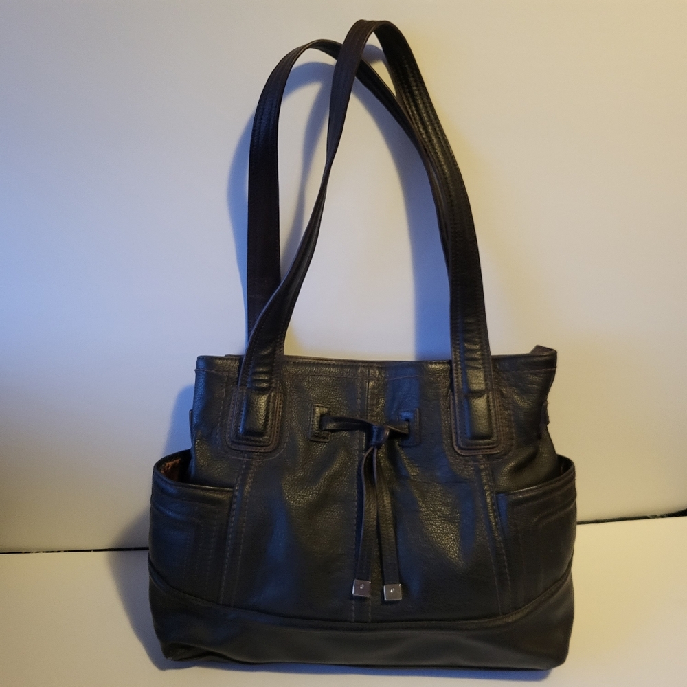 Tignanello Black Leather Drawstring Shoulder Bag